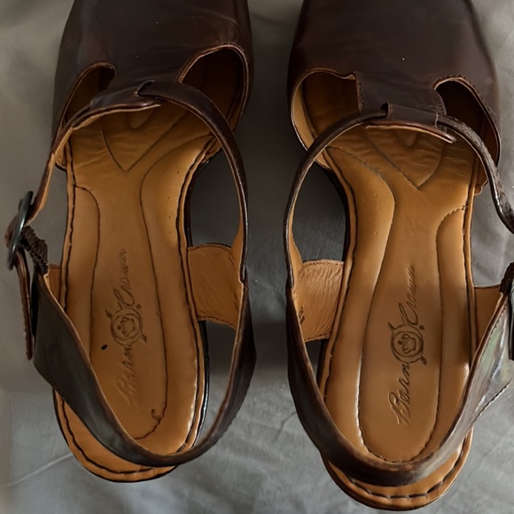 Born Crown Brown Leather Sandals women’s size 10 cross strap heels peep toe Boho - Picture 5 of 9